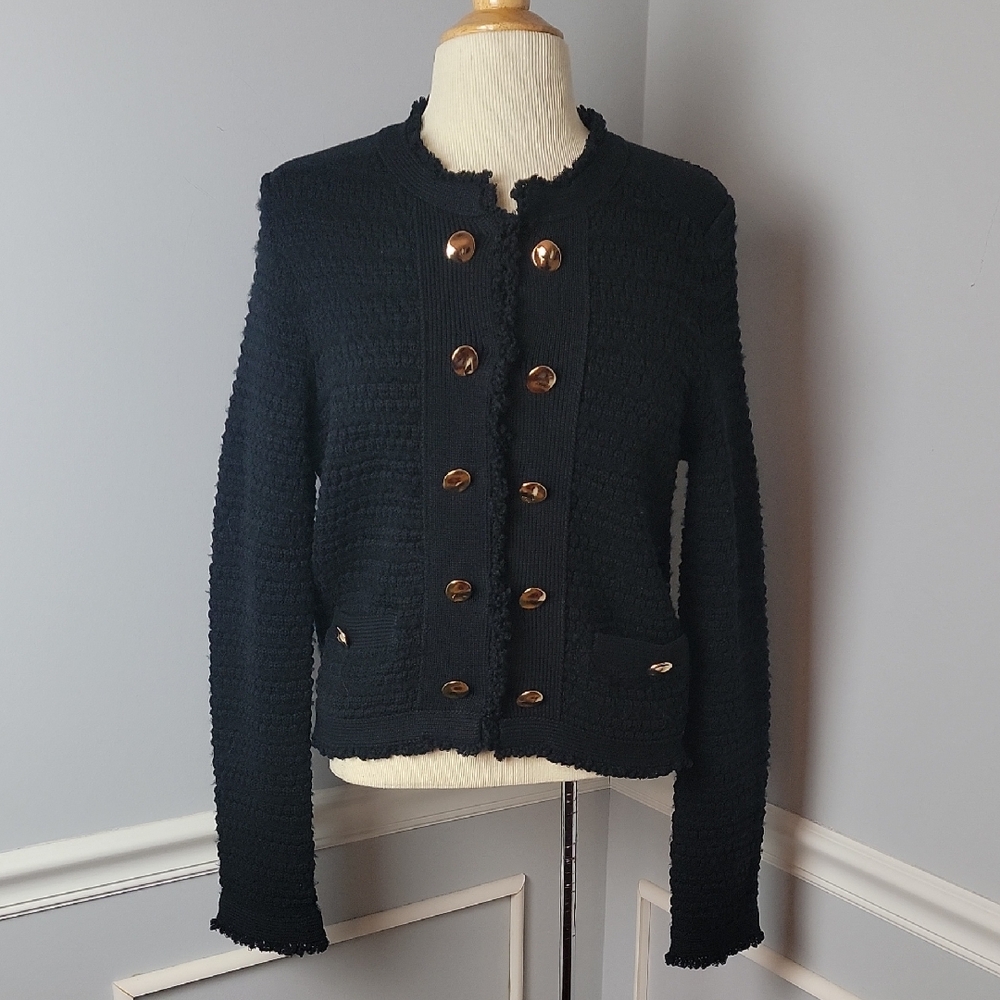 MILLY Black Merino Wool Angora Blend Gold Hammered Button Lady Jacket Cardigan M